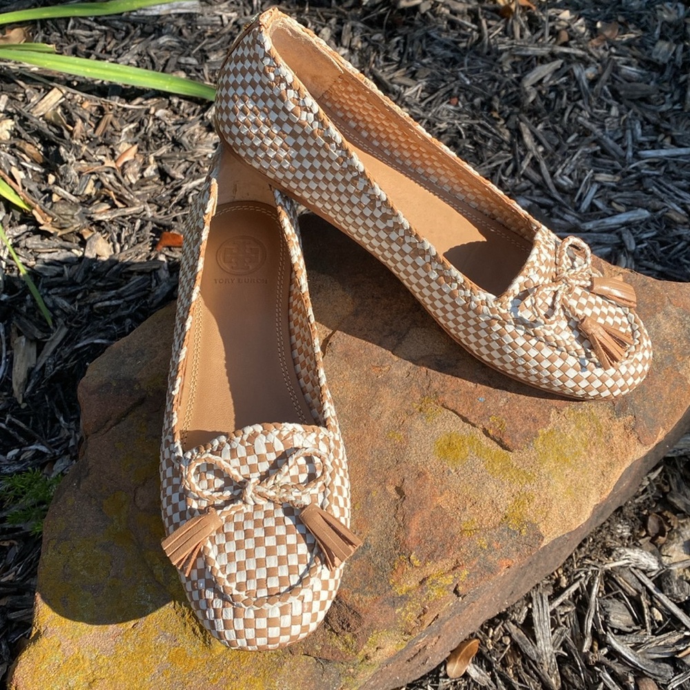 Tory Burch Russell Check Woven Loafer Soft Leather Flats Tassel Logo